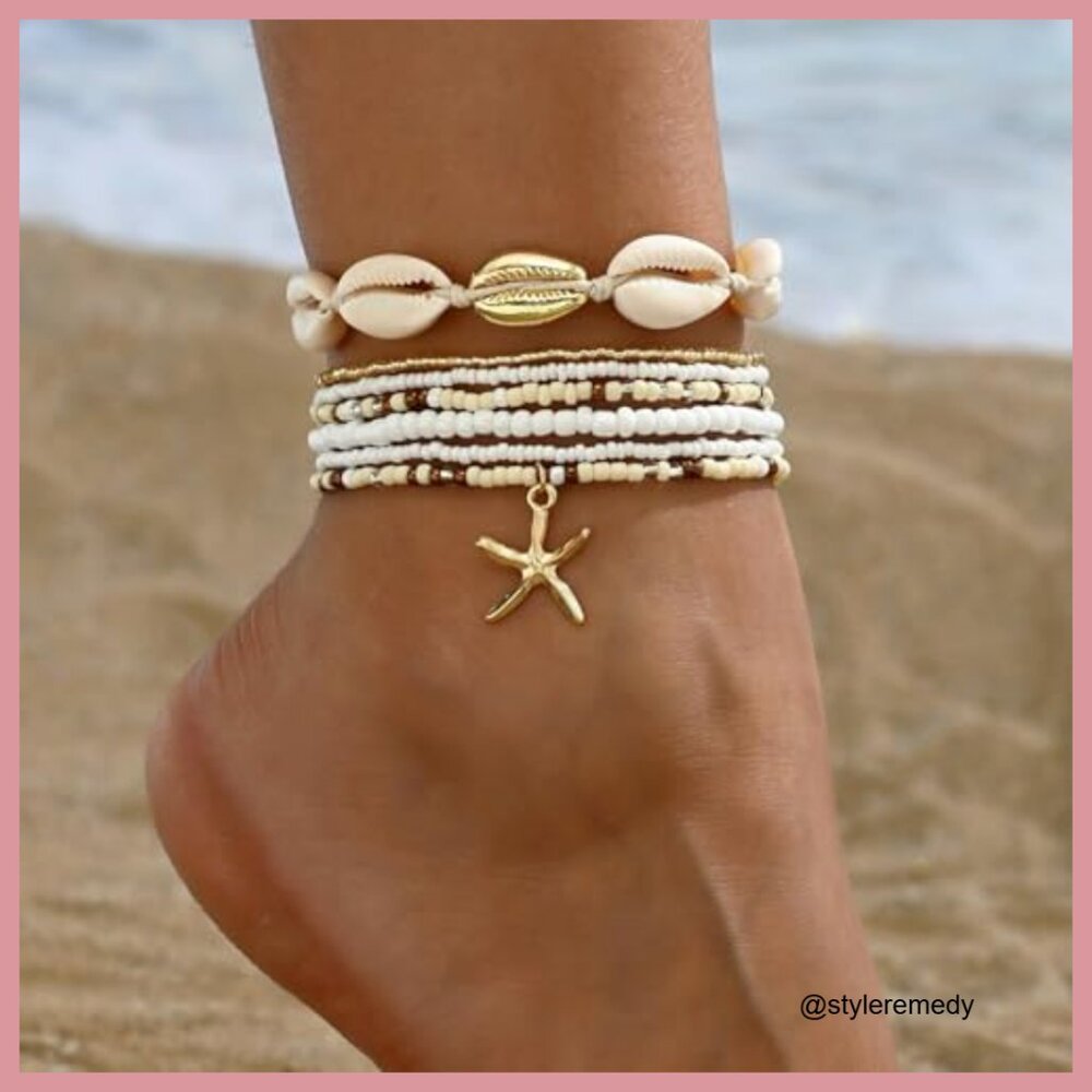 Gold Plated Adjustable Anklet With Shell Beads, B… - image 4